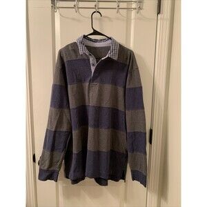 Men's Blue & Gray Striped 1/4 Button Long Sleeve Polo Shirt Size Unknown
